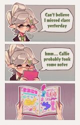 Rule 34 | + +, 1girl, a very happy potato, aged down, blush, book, cat, commentary, drawing, english commentary, english text, grey hair, hair ornament, hairclip, highres, holding, holding book, inkling, marie (splatoon), mask, mole, mole under eye, necktie, nintendo, octoling player character, open book, school uniform, sweatdrop, tentacle hair