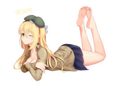 Rule 34 | 1girl, absurdres, bad id, bad pixiv id, barefoot, blonde hair, blush, breasts, brown shirt, cleavage, collared shirt, crossed arms, feet, full body, girls&#039; frontline, green eyes, green hat, hair between eyes, hat, highres, long hair, looking at viewer, lying, m1 garand (girls&#039; frontline), miniskirt, on stomach, one eye closed, shirt, simple background, skirt, smile, soles, solo, the pose, toes, white background, wink