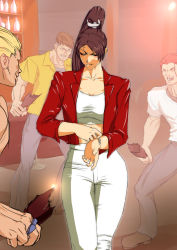 Rule 34 | 1girl, 3boys, alcohol, alternate costume, bar (place), bar stool, blonde hair, blue pants, bottle, bracelet, breasts, broken bottle, brown footwear, brown hair, casual, cleavage, closed mouth, counter, crop top, closed eyes, fatal fury, grin, hair tie, high ponytail, highres, iehay, imminent fight, indoors, jacket, jewelry, long hair, looking at another, midriff, multiple boys, open mouth, pants, ponytail, red hair, red jacket, ring, shiranui mai, shirt, smile, stool, surrounded, the king of fighters, white pants, white shirt, yellow shirt