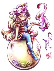 Rule 34 | 1girl, american flag dress, american flag legwear, blonde hair, calligraphy brush (medium), character name, closed mouth, clownpiece, dress, fire, full body, full moon, hat, highres, jester cap, light smile, link163353, long hair, looking at viewer, moon, neck ruff, pantyhose, polka dot, red eyes, short dress, short sleeves, simple background, sitting, solo, star (symbol), star print, striped, torch, touhou, very long hair, white background