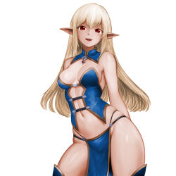 Rule 34 | 1girl, arms behind back, bare shoulders, blonde hair, breasts, cleavage, cowboy shot, double-parted bangs, elf, gem, highres, loincloth, long hair, medium breasts, midriff, minamoto80486, navel, open mouth, pointy ears, red eyes, red gemstone, ringed eyes, simple background, skindentation, smile, solo, teeth, thighs, upper teeth only, white background, wizardry