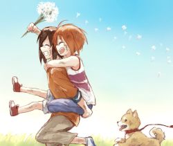 Rule 34 | 10s, aged down, bad id, bad twitter id, blue pants, blue sky, bouquet, brown hair, brown pants, carrying, clear sky, commentary, dandelion, dandelion seed, day, dirty, dirty clothes, dirty face, flower, from side, girls und panzer, grin, happy, holding, holding bouquet, long sleeves, nishizumi maho, nishizumi miho, open mouth, orange shirt, outdoors, pants, pants rolled up, piggyback, pink shirt, red footwear, shiba inu, shirt, shoes, siblings, sisters, sky, smile, standing, tank top, white footwear, yuuyu (777)
