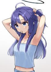 Rule 34 | 1girl, ahoge, armpits, arms behind head, arms up, azu (azusayumix), bare arms, bare shoulders, blue archive, blue camisole, blue eyes, blue hair, breasts, camisole, cleavage, closed mouth, collarbone, commentary request, gradient background, grey background, hair between eyes, hair tie, hair tie in mouth, halo, holding, holding hair, long hair, looking away, mouth hold, navel, parted bangs, ponytail, sidelocks, small breasts, solo, tying hair, upper body, very long hair, white background, yuuka (blue archive)