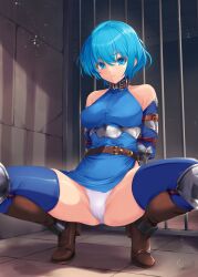 Rule 34 | 1girl, arms behind back, bare shoulders, belt, belt collar, blue eyes, blue hair, boots, bound, bound arms, breasts, brown footwear, closed mouth, collar, commentary request, eyelashes, hair between eyes, highres, indoors, kirishima satoshi, looking at viewer, medium breasts, original, panties, pantyshot, prison cell, short hair, solo, squatting, underwear, white panties