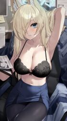 Rule 34 | 1girl, absurdres, animal ear fluff, animal ears, armpits, black bra, black pantyhose, blonde hair, blue archive, blue eyes, blue halo, blue skirt, blush, bra, breasts, chair, cleavage, clenched teeth, doodle sensei (blue archive), halo, hand in own hair, highres, indoors, kanna (blue archive), large breasts, long hair, looking at viewer, navel, pantyhose, sensei (blue archive), sharp teeth, sitting, skirt, solo, sticky note, teeth, underwear, wakamepiza