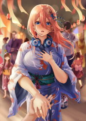 Rule 34 | 1girl, blue eyes, blush, breasts, brown hair, embarrassed, go-toubun no hanayome, hair between eyes, hair ornament, holding hands, hands on own chest, headphones, headphones around neck, highres, inue ao, japanese clothes, jewelry, kimono, large breasts, long hair, looking at viewer, nakano miku, obi, open mouth, out of frame, ring, sash, standing, summer festival, wide sleeves, yukata