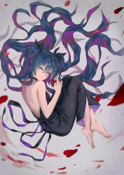 Rule 34 | 1girl, aqua eyes, back, backless outfit, bare arms, bare shoulders, barefoot, black dress, blue hair, crossed ankles, dated, dress, expressionless, feet, floating hair, full body, hair ribbon, halterneck, hatsune miku, highres, knees up, long hair, looking at viewer, looking back, muta (csw), petals, ribbon, rose petals, sleeveless, sleeveless dress, solo, toes, twintails, very long hair, vocaloid