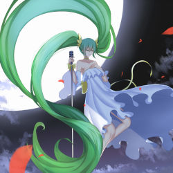 Rule 34 | 1girl, absurdly long hair, bad id, bad pixiv id, bare shoulders, blush, bow, closed mouth, cloud, collarbone, commentary request, detached sleeves, dress, full moon, green eyes, green hair, hair between eyes, hatsune miku, highres, holding, holding microphone, long hair, long sleeves, looking away, microphone, microphone stand, moon, night, night sky, outdoors, sidelocks, sky, solo, strapless, strapless dress, twintails, user awm7451, very long hair, vocaloid, white dress, wide sleeves, yellow bow