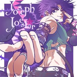 Rule 34 | 1boy, :p, bola (weapon), detached sleeves, geo-geo, hermit purple, jojo no kimyou na bouken, lowres, male focus, midriff, one eye closed, plant, purple eyes, purple hair, solo, stand (jojo), thorns, tongue, tongue out, vines, wink