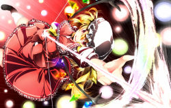 Rule 34 | 1girl, arrow (projectile), ascot, blonde hair, bow, bow (weapon), dress, fang, female focus, flandre scarlet, hat, hat ribbon, loafers, open mouth, outstretched arm, red eyes, ribbon, shoes, short hair, side ponytail, skirt, skirt set, smile, solo, sugiyuu, thighhighs, touhou, weapon, white thighhighs, wings