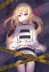 Rule 34 | 1girl, aete, black shorts, blonde hair, blood, blood splatter, blue eyes, blurry, blurry foreground, choker, collarbone, floating hair, from above, hair between eyes, highres, jacket, long hair, looking at viewer, lying, on back, open clothes, open jacket, own hands together, rachel gardner, satsuriku no tenshi, shirt, short shorts, shorts, solo, striped clothes, striped shirt, very long hair, white jacket