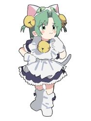 Rule 34 | 1girl, animal ears, apron, bell, cat ears, cat tail, closed mouth, dejiko, di gi charat, dress, enorari, green eyes, hair bell, hair intakes, hair ornament, hand on own hip, hand up, highres, jingle bell, light green hair, maid apron, mittens, neck bell, puffy short sleeves, puffy sleeves, purple dress, short hair, short sleeves, simple background, solo, standing, tail, two side up, white apron, white background, white mittens, white tail