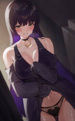 Rule 34 | 1girl, absurdres, bare shoulders, black hair, blush, bocchi the rock!, breasts, chin piercing, cleavage, collarbone, colored inner hair, green eyes, highres, large breasts, long hair, looking at viewer, multicolored hair, navel, pa-san, purple hair, rororo, smile, solo, thighs