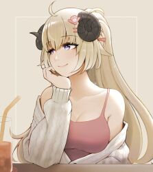 Rule 34 | 1girl, blonde hair, breasts, casual, casual, cleavage, highres, hololive, horns, medium breasts, nkmmktwt, solo, tsunomaki watame, virtual youtuber