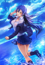 Rule 34 | 10s, 1girl, a-line, absurdres, black jacket, blue hair, blue skirt, breasts, cleavage, collarbone, hair between eyes, hand in own hair, highres, jacket, leg up, long hair, love live!, love live! school idol project, medium breasts, nipples, no bra, open clothes, open jacket, pleated skirt, see-through, see-through silhouette, shirt, skirt, solo, sonoda umi, wet, wet clothes, wet shirt, white shirt, yellow eyes