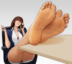 Rule 34 | 1girl, barefoot, blue eyes, breasts, brown hair, cellphone, chair, cleavage, feet, foot focus, highres, long hair, looking at viewer, medium breasts, miniskirt, office chair, office lady, parted lips, phone, skirt, smartphone, smile, soles, solo, source request, swivel chair, table, toes