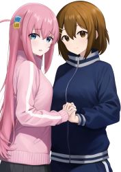 Rule 34 | 2girls, black skirt, blue eyes, blue jacket, bocchi the rock!, brown eyes, brown hair, closed mouth, crossover, cube hair ornament, female focus, gotoh hitori, hair between eyes, hair ornament, hairclip, highres, hirasawa yui, holding hands, interlocked fingers, jacket, k-on!, long hair, long sleeves, looking at viewer, matching hair/eyes, mikoscrub, multiple girls, open mouth, pink hair, pink jacket, short hair, simple background, skirt, smile, track jacket, trait connection, white background