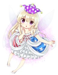 Rule 34 | 1girl, adapted costume, alternate costume, american flag dress, bad id, bad pixiv id, blush, chestnut mouth, cheunes, clownpiece, dated, dress, fairy wings, floral background, full body, hat, high heels, highres, index finger raised, jester cap, long hair, looking at viewer, off-shoulder dress, off shoulder, purple eyes, ribbon, shoes, solo, touhou, transparent wings, very long hair, white dress, white footwear, wings