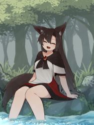 Rule 34 | 1girl, :d, animal ears, black dress, black hair, brooch, closed mouth, dress, fang, forest, full body, highres, imaizumi kagerou, jewelry, kaginoni, long hair, multicolored clothes, multicolored dress, nature, open mouth, outdoors, red dress, short sleeves, sitting, skin fang, smile, soaking feet, solo, stone, tail, touhou, white dress, wolf ears, wolf tail