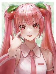 Rule 34 | 1girl, :p, blush, border, cherry hair ornament, closed mouth, commentary request, detached sleeves, food-themed hair ornament, green background, hair ornament, hatsune miku, highres, ishiyuki, long hair, looking at viewer, necktie, pink eyes, pink hair, pink necktie, revision, sakura miku, shirt, simple background, sleeveless, sleeveless shirt, solo, tongue, tongue out, twintails, upper body, very long hair, vocaloid, white border