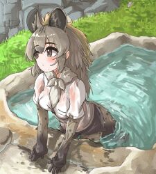Rule 34 | 1girl, absurdres, animal ears, animal print, arm support, black hair, blush, bodystocking, breasts, brown eyes, brown hair, closed mouth, colored inner hair, day, extra ears, fur scarf, gloves, grey hair, highres, hyena ears, hyena girl, hyena tail, kemono friends, layered sleeves, leaning forward, light brown hair, long hair, long sleeves, looking to the side, medium breasts, multicolored hair, outdoors, outstretched arms, parted bangs, partially submerged, print sleeves, see-through, shirt, short over long sleeves, short sleeves, shorts, solo, spotted hyena (kemono friends), tail, toro orororo, water, wet, wet clothes, wet face, wet hair, wet shirt, white shirt