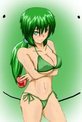 Rule 34 | 1girl, armored core, armored core: for answer, bikini, blush, breast hold, breasts, cleavage, from software, green bikini, green hair, large breasts, may greenfield, merrygate, solo, swimsuit, underboob