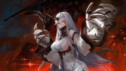 Rule 34 | 10s, 1girl, abyssal ship, breasts, claws, detached sleeves, dress, glowing, glowing eyes, horns, kantai collection, large breasts, long hair, patipat asavasena, red eyes, ribbed dress, seaport princess, short dress, sideboob, single horn, solo, very long hair, white hair