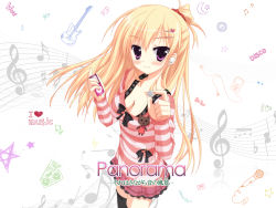 Rule 34 | 1girl, apple inc., artist request, blonde hair, blush, breasts, cleavage, digital media player, food, fruit, guitar, highres, instrument, ipod, long hair, microphone, moribe (rabumanyo), musical note, ponytail, purple eyes, solo, striped, wallpaper