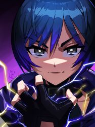 Rule 34 | 1girl, absurdres, artist name, black gloves, blue hair, bodysuit, close-up, closed mouth, commentary, english commentary, fingerless gloves, gloves, highres, lightning, looking at viewer, multicolored hair, short hair, simple background, solo, tekken, upper body, yakutzan