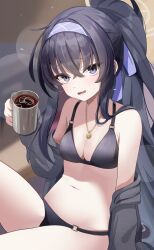 Rule 34 | 1girl, absurdres, arm support, bikini, black bikini, black hair, blue archive, blurry, bow, breasts, cardigan, cleavage, coffee mug, commentary request, cup, depth of field, grey cardigan, hair between eyes, hair bow, hair ribbon, hairband, halo, highres, holding, holding cup, iced coffee, jewelry, long hair, looking at viewer, medium breasts, mug, musson, navel, necklace, official alternate costume, official alternate hairstyle, open cardigan, open clothes, outdoors, pendant, ponytail, purple eyes, ribbon, sidelocks, sleeveless, solo, stomach, swimsuit, ui (blue archive), ui (swimsuit) (blue archive)