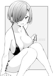 Rule 34 | 1girl, bikini, breast press, breasts, commentary request, dated, grey background, greyscale, hair ornament, hair over one eye, hairclip, highres, kichihachi, large breasts, looking at viewer, monochrome, open mouth, original, side-tie bikini bottom, simple background, sitting, solo, swimsuit, twitter username, two-tone background, white background