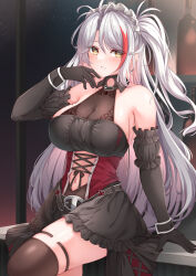 Rule 34 | 1girl, absurdres, arm support, azur lane, bare shoulders, black dress, black gloves, black sleeves, black thighhighs, breasts, cleavage, collarbone, commission, detached sleeves, dress, elbow gloves, frilled dress, frills, gloves, highres, large breasts, long hair, looking at viewer, moyoron, multicolored hair, official alternate costume, one side up, parted bangs, prinz eugen (azur lane), prinz eugen (kindred evening spirits) (azur lane), puffy short sleeves, puffy sleeves, red hair, short sleeves, skeb commission, sleeveless, sleeveless dress, smile, solo, streaked hair, thighhighs, very long hair, white hair, yellow eyes