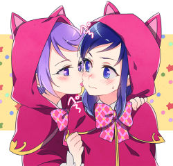 Rule 34 | 2girls, aged down, animal ears, animal hood, blue eyes, blue hair, blush, bow, cape, capelet, cat ears, cat hood, closed mouth, dokidoki! precure, embarrassed, eye contact, fake animal ears, hand on another&#039;s shoulder, hishikawa rikka, hood, hooded capelet, kenzaki makoto, licking, licking another&#039;s cheek, licking another&#039;s face, long hair, long sleeves, looking at another, multiple girls, negom, pink neckwear, plaid, plaid bow, precure, purple eyes, purple hair, red cape, short hair, sweatdrop, swept bangs, upper body