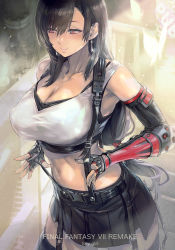 Rule 34 | 1girl, arm guards, black skirt, breasts, brown eyes, brown hair, cleavage, commentary request, earrings, elbow gloves, elbow pads, final fantasy, final fantasy vii, final fantasy vii remake, fingerless gloves, gloves, hair between eyes, highres, huge breasts, jewelry, long hair, low-tied long hair, maeshima shigeki, midriff, pencil skirt, pink lips, shirt, skirt, smile, solo, standing, stomach, strap pull, suspender skirt, suspenders, tank top, taut clothes, taut shirt, thighhighs, thighs, tifa lockhart, white tank top