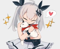 Rule 34 | 1girl, aged down, ahoge, animal, animal hug, bracelet, chesed (uporyz), closed eyes, commentary, dress, ferret, five-seven (adventures of fenfen) (girls&#039; frontline), five-seven (girls&#039; frontline), girls&#039; frontline, grey background, grey hair, hair ornament, hair ribbon, heart, highres, jewelry, official alternate costume, red scarf, ribbon, scarf, simple background, sleeveless, sleeveless dress, smile, solo, sparkle, spoken heart, twintails, white dress