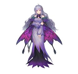 Rule 34 | 1girl, absurdres, alternate costume, bare shoulders, breasts, cape, deirdre (fire emblem), detached collar, dress, fire emblem, fire emblem: genealogy of the holy war, fire emblem heroes, full body, gradient clothes, hair ornament, highres, long dress, medium breasts, nintendo, official art, oukawa yuu, purple dress, purple eyes, purple hair, simple background, solo, white background