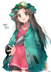 Rule 34 | 1girl, bike shorts, brown hair, buttons, camouflage, camouflage headwear, coat, collarbone, commentary request, creatures (company), dated, e-co, game freak, green coat, hat, leaf (pokemon), leaf (sygna suit) (pokemon), long hair, long sleeves, looking at viewer, looking down, nintendo, official alternate costume, open clothes, open coat, open mouth, pokemon, pokemon masters ex, sidelocks, simple background, solo, spread fingers, teeth, tongue, white background, yellow eyes