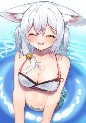 Rule 34 | 1girl, :d, ^ ^, animal ear fluff, animal ears, bare arms, bare shoulders, bell, bikini, blush, breasts, cleavage, closed eyes, collarbone, commentary request, grey hair, hair bell, hair between eyes, hair ornament, highres, innertube, jingle bell, medium breasts, moti yousei, open mouth, original, smile, solo, swim ring, swimsuit, water, wet, white bikini