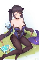 Rule 34 | 1girl, absurdres, black hair, black ribbon, book, breasts, choker, commentary request, covered navel, earrings, elbow gloves, from above, genshin impact, gloves, grass, green eyes, hair ribbon, hand up, hat, highres, jewelry, legs, leotard, long hair, looking at viewer, magic, medium breasts, mona (genshin impact), on ground, open mouth, pantyhose, purple hat, purple leotard, ribbon, sitting, solo, sparkle print, star (symbol), star earrings, strapless, twintails, ultra-13, unworn hat, unworn headwear, very long hair, water, witch hat, yokozuwari