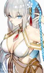 1girl bare_shoulders bikini blue_eyes blue_nails braid breasts fate/grand_order fate_(series) flower gold_trim hair_flower hair_ornament hair_ribbon highres kabosoi_mangaka large_breasts long_hair looking_at_viewer morgan_le_fay_(fate) morgan_le_fay_(water_princess)_(fate) ponytail ribbon sidelocks solo swimsuit white_bikini white_hair