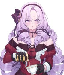 Rule 34 | 1girl, absurdres, breasts, can, choker, cup, curly hair, detached sleeves, dress, gloves, hair ornament, highres, hyakumantenbara salome, hyakumantenbara salome (1st costume), long sleeves, looking at viewer, nijisanji, open mouth, p00nipooni, pouring, purple eyes, purple hair, red dress, solo, tattoo, virtual youtuber, white background