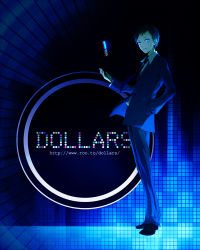 Rule 34 | 1boy, bad id, bad pixiv id, black footwear, black hair, blazer, blue background, blue eyes, blue jacket, blue necktie, blue pants, blue theme, cellphone, collared shirt, durarara!!, from side, glowing, hand in pocket, jacket, light smile, long sleeves, looking at viewer, male focus, necktie, outstretched hand, pants, parted lips, phone, ria (rilpoppo), ryuugamine mikado, school uniform, shirt, shoes, solo, standing, tossing, watermark, web address, white shirt