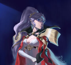 Rule 34 | 1girl, absurdres, armor, artist name, blue background, breasts, bridal gauntlets, cape, choker, cleavage, criss-cross halter, cross, cross choker, dress, earrings, elbow gloves, fire emblem, fire emblem: genealogy of the holy war, fire emblem heroes, gloves, halterneck, high ponytail, highres, ishtar (fire emblem), jewelry, large breasts, light purple hair, long hair, looking away, looking to the side, nintendo, official alternate costume, ponytail, purple eyes, red cape, shoulder armor, signature, simple background, solo, upper body, white dress, white gloves, yeeej