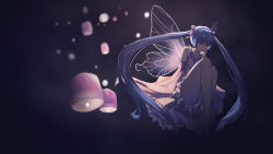 Rule 34 | 1girl, bare shoulders, barli, blue eyes, blue hair, butterfly wings, detached sleeves, frilled sleeves, frills, hatsune miku, highres, insect wings, knees to chest, long hair, long twintails, paper lantern, sky lantern, solo, thighs, toe-point, twintails, vocaloid, wide sleeves, wings