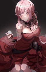 Rule 34 | 1girl, 852 box, alcohol, bare shoulders, black choker, blush, breasts, choker, cleavage, cup, dress, drinking glass, eyes visible through hair, fingernails, flower, frills, gem, glint, hair flower, hair ornament, highres, holding, holding cup, hololive, hololive english, long fingernails, long hair, mori calliope, mori calliope (party dress), nail polish, off shoulder, official alternate costume, parted lips, pink eyes, pink hair, ponytail, red dress, red flower, red gemstone, red nails, see-through, sitting, skull, skull ornament, solo, virtual youtuber, wine, wine glass