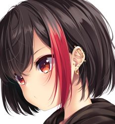 Rule 34 | 1girl, bang dream!, black hair, blush, chiyonekoko, closed mouth, commentary request, ear piercing, looking away, mitake ran, multicolored hair, piercing, portrait, red eyes, red hair, short hair, simple background, solo, streaked hair, white background