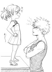 Rule 34 | 1boy, 1girl, bakugou katsuki, bare arms, bare shoulders, boku no hero academia, closed mouth, crossed arms, dress, freckles, from side, greyscale, hair ornament, hand on own hip, highres, looking down, looking up, monochrome, short hair, smile, sparkle, spiked hair, standing, sweatdrop, tank top, twintails, upper body, wengwengchim