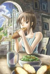 Rule 34 | 1girl, bowl, bread, brown eyes, brown hair, camisole, chair, cityscape, cloud, cup, day, eating, food, indoors, k kanehira, picture frame, ruins, scenery, sky, table