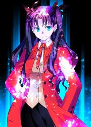 Rule 34 | 1girl, bad id, bad pixiv id, black hair, blue eyes, fate/stay night, fate (series), jacket, long hair, purple hair, red jacket, solo, thighhighs, tohsaka rin, tombsakura, two side up
