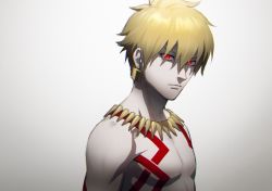 Rule 34 | 1boy, absurdres, blonde hair, chest tattoo, earrings, fate/hollow ataraxia, fate (series), frown, gilgamesh (fate), glaring, glowing, glowing eyes, hair down, highres, jewelry, looking at viewer, male focus, mosako, necklace, red eyes, slit pupils, tattoo